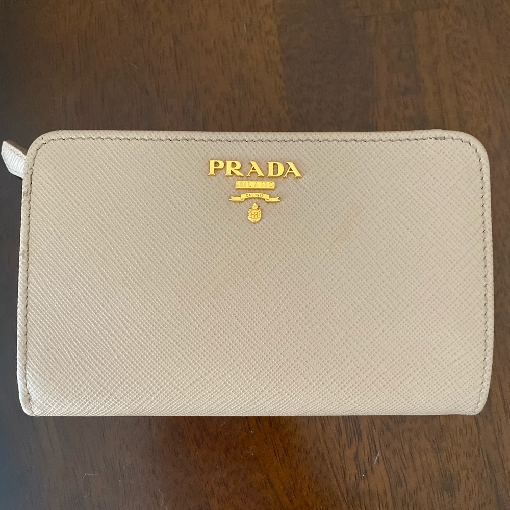 Prada Medium Saffiano Leather Tab Wallet in Beige